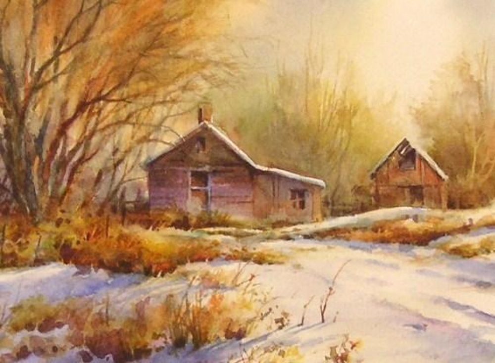 Fresh Snow Watercolor Painting - Watercolor Painting of a cabin in the snow