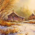Fresh Snow Watercolor Painting - Watercolor Painting of a cabin in the snow