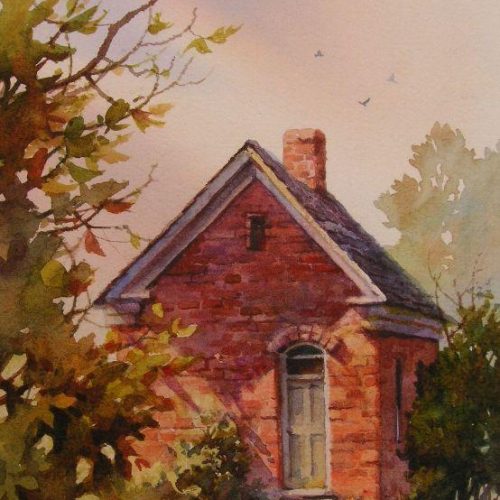 Brick House painting - Watercolor painting of brick pioneer house in Midway Utah