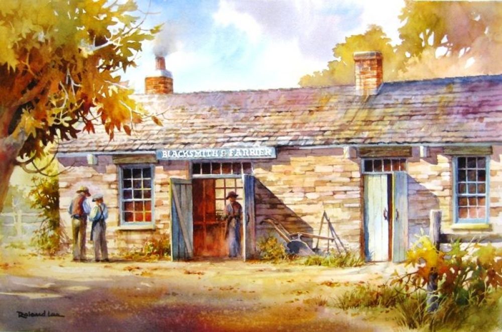 Painting of Webb Blacksmith Shop in Nauvoo - original watercolor painting of the blacksmith shop in old Nauvoo Illinois