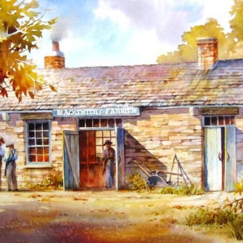 Painting of Webb Blacksmith Shop in Nauvoo - original watercolor painting of the blacksmith shop in old Nauvoo Illinois