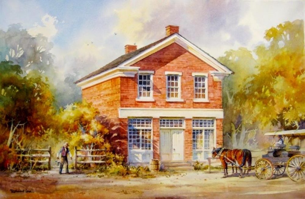 Painting of Red Brick Store in Nauvoo - Original watercolor painting of Joseph's Red Brick Store in old Nauvoo Illinois