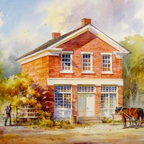 Painting of Red Brick Store in Nauvoo - Original watercolor painting of Joseph's Red Brick Store in old Nauvoo Illinois