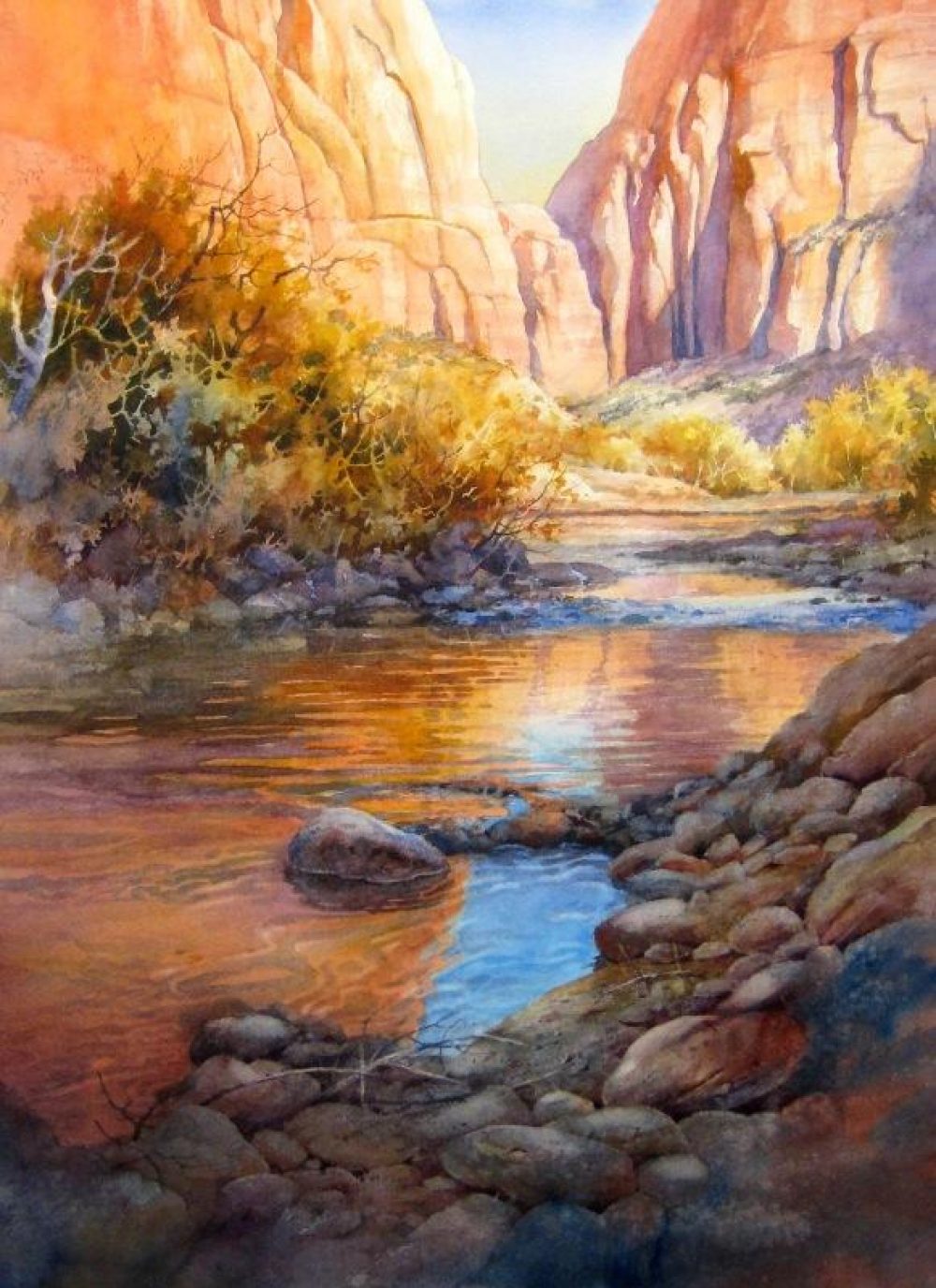 A patch of Blue - Painting of Virgin River in Zion Canyon - original Watercolor Painting of Zion National Park by Roland Lee