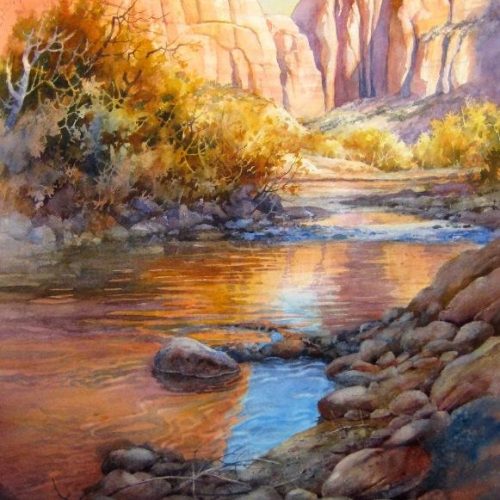 A patch of Blue - Painting of Virgin River in Zion Canyon - original Watercolor Painting of Zion National Park by Roland Lee