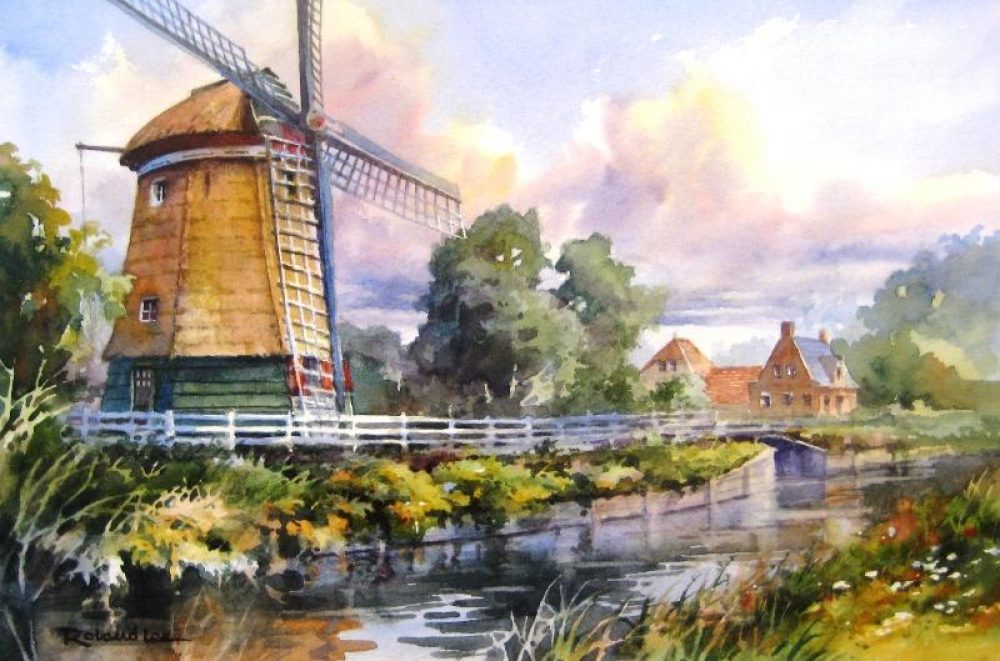 Windmill in Edam Holland - Watercolor Painting of Molen in Edam Netherlands