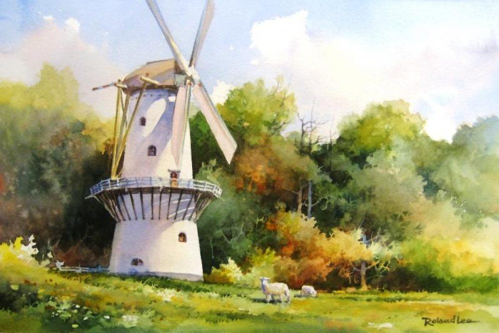 Dutch Stellingmolen - Watercolor painting of  Windmill at Openluchtmuseum in Arnhem Netherlands