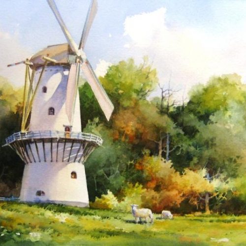 Dutch Stellingmolen - Watercolor painting of  Windmill at Openluchtmuseum in Arnhem Netherlands