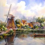 Holland Reflections - Watercolor Painting of Dutch Windmill & Thatched Roofs at Arnhem Folk Park