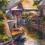 Giethoorn Holland Canal Boat Painting - Watercolor Painting of Canal and Houses in Giethoorn Netherlands