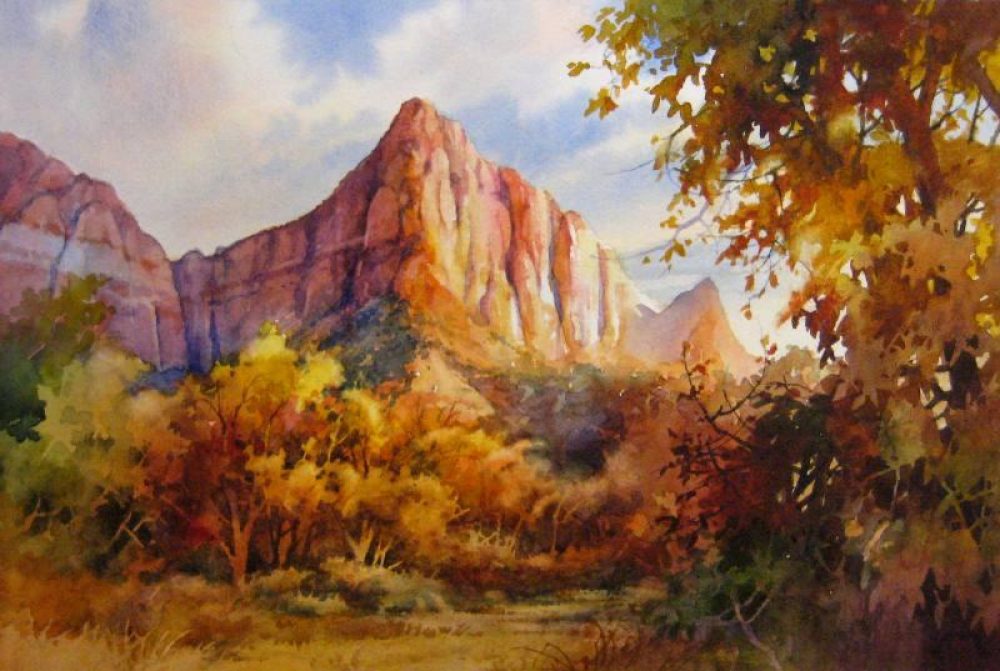 The Watchman in Autumn - Watercolor Painting of Zion National Park