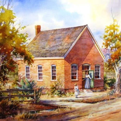 Old Schoolhouse at Bloomington - Historic Painting of School and Church at Bloomington Utah