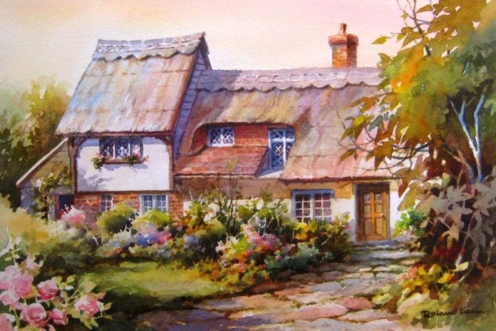 Thatched Roof Cottage in England - Watercolor Painting of Thatched Cottage in Hever