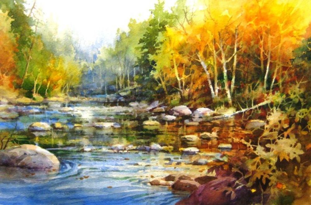 Peaceful River - Watercolor Painting of Stream and Autumn Leaves in New England