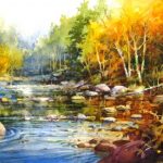 Peaceful River - Watercolor Painting of Stream and Autumn Leaves in New England