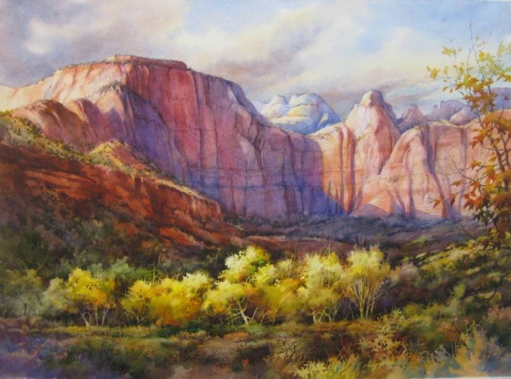 West Temple Autumn - Watercolor Painting of West Temple in Zion National Park