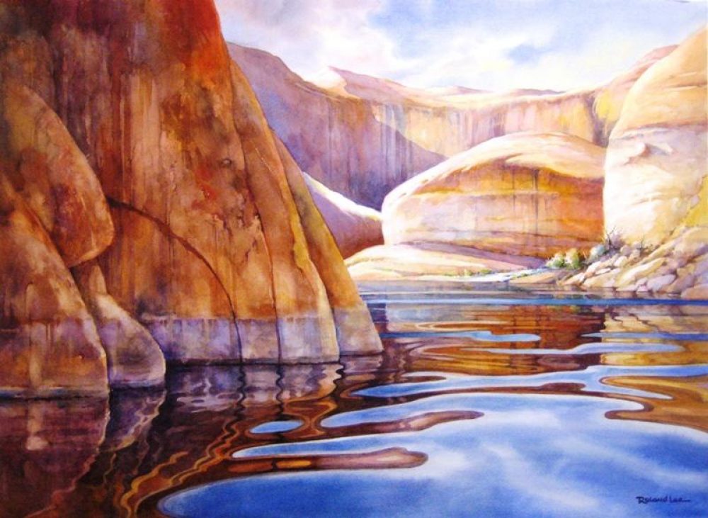 Watercolor of Lake Powell Cliffs - Landscape painting of Lake Powell Cliffs and Water Reflections