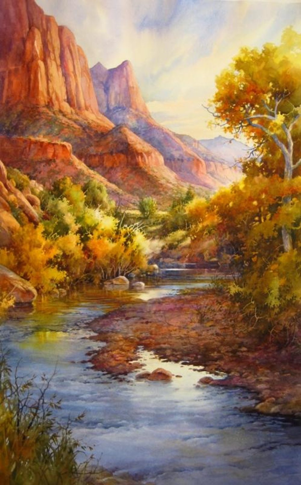 Virgin Beauty in Zion - Watercolor Painting of Virgin River in Zion National Park by Roland Lee
