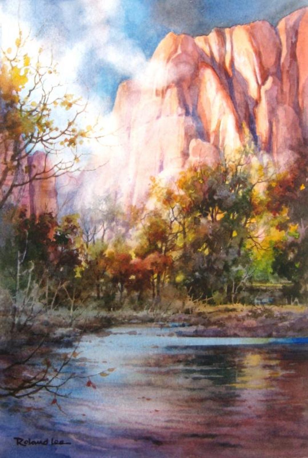 Misty River - Zion National Park - Watercolor Painting of Virgin River in Zion National Park by Roland Lee