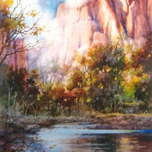 Misty River - Zion National Park - Watercolor Painting of Virgin River in Zion National Park by Roland Lee