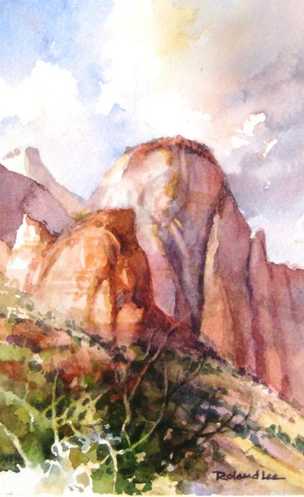 The Sentinel from Visitors Center - Plein Air Watercolor Painting of Zion National Park during Centennial Celebration