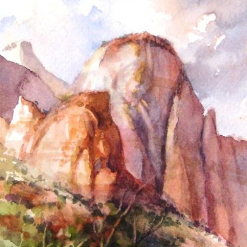 The Sentinel from Visitors Center - Plein Air Watercolor Painting of Zion National Park during Centennial Celebration