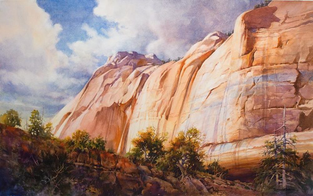 Nature's Sculpture - Watercolor Painting of Cliff Face along Taylor Creek in Kolob Canyon
