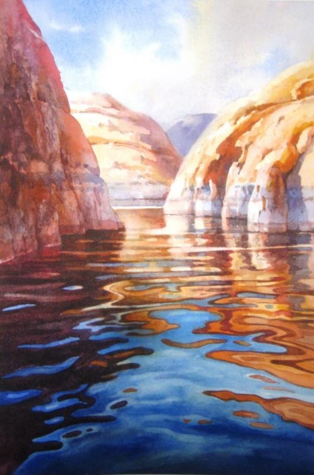 Deep Blues and Orange - Lake Powell - Watercolor Painting of Lake Powell Reflections