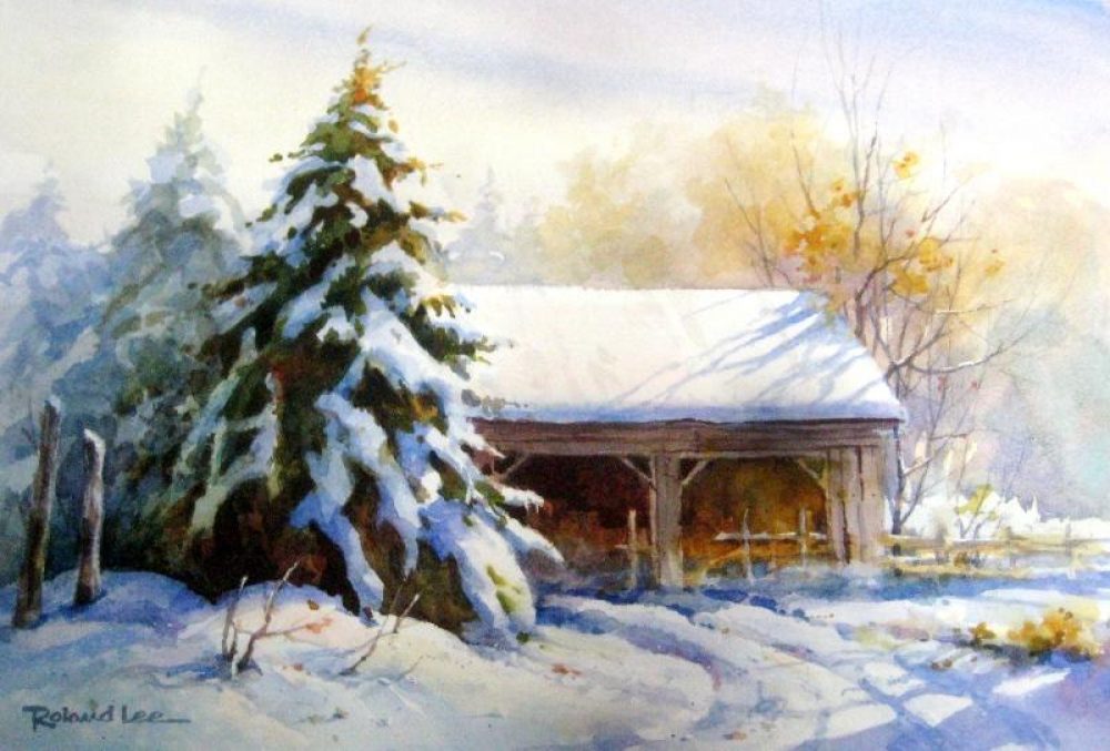 Little Barn and Snow - Watercolor Painting of a Rustic Snow Scene
