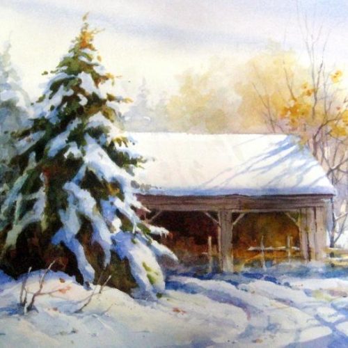 Little Barn and Snow - Watercolor Painting of a Rustic Snow Scene