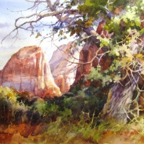 Old Cottonwood along Virgin River in Zion - Plein Air Watercolor completed during Footsteps of Thomas Moran event in Zion National Park