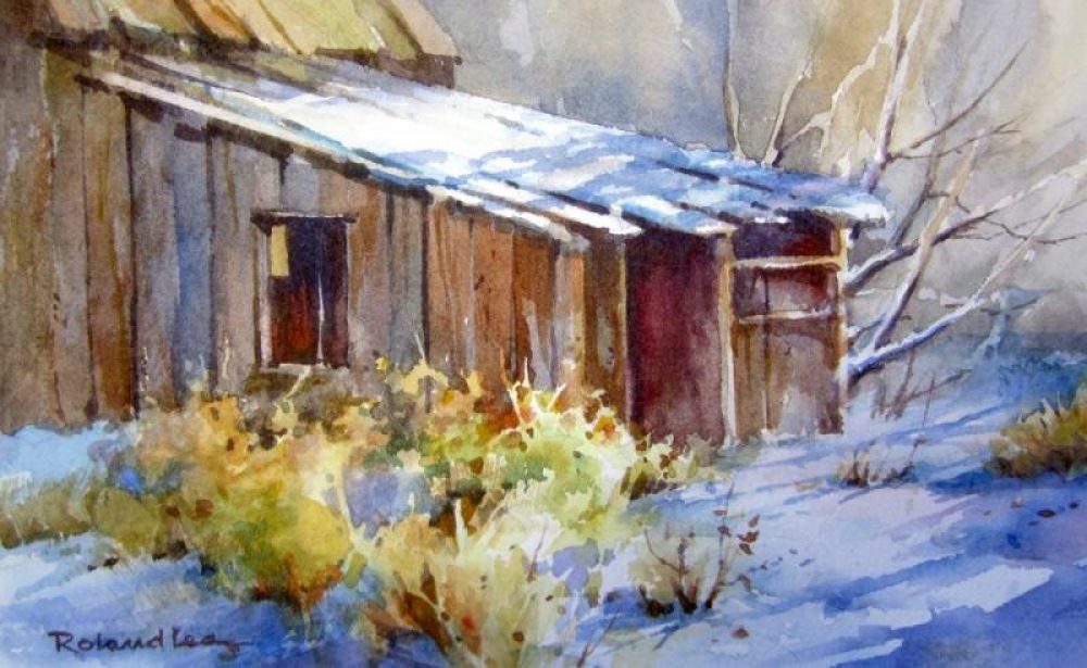 Cabin Snow - Roland lee watercolor painting of an old cabin in winter
