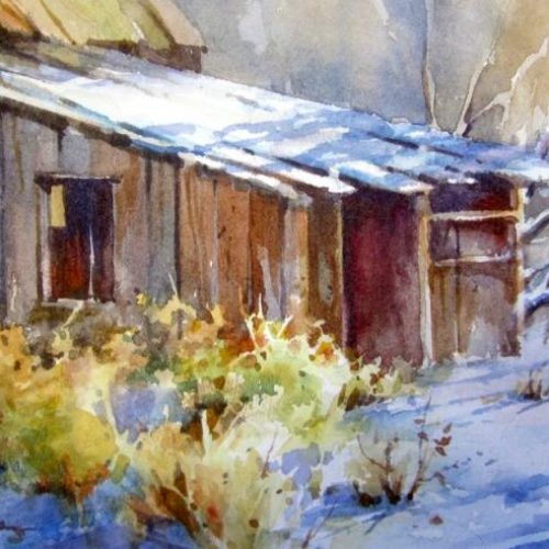 Cabin Snow - Roland lee watercolor painting of an old cabin in winter