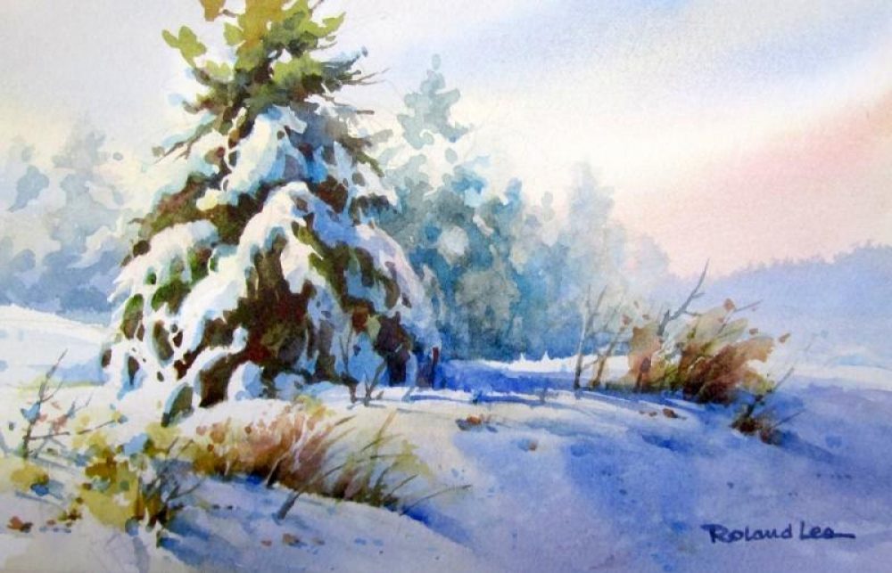 Snow Blanket - Original Roland Lee watercolor painting of Spruce tree in the snow