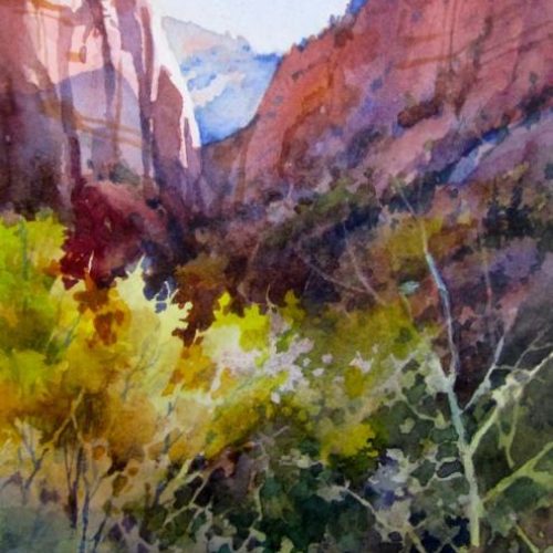 Kolob Golden Leaves - Original watercolor painting of Kolob Fingers area of Zion National Park