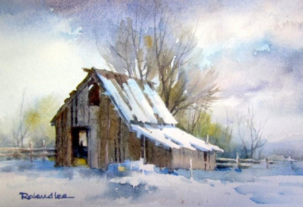 Utah Barn in the Snow - Original watercolor painting of a Utah barn during a winter snowfall