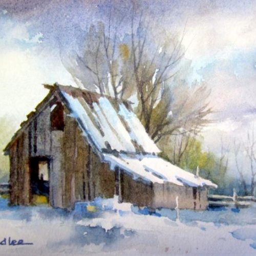 Utah Barn in the Snow - Original watercolor painting of a Utah barn during a winter snowfall