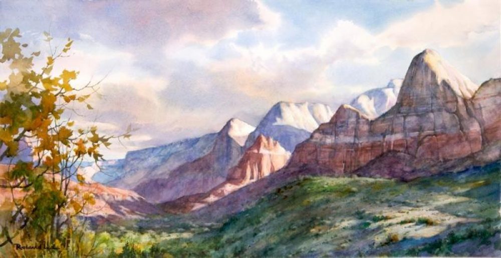 Springdale Morning - Original Roland Lee watercolor painting Zion's cliffs