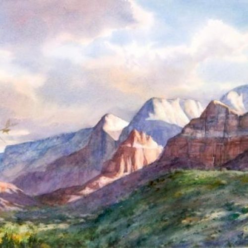Springdale Morning - Original Roland Lee watercolor painting Zion's cliffs