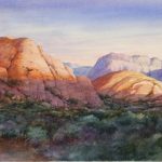 Snow Canyon Sunrise - Watercolor Painting of red cliffs in Snow Canyon