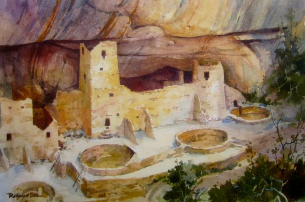 Four Kivas - Cliff Palace - Watercolor Painting of Mesa Verde National Park