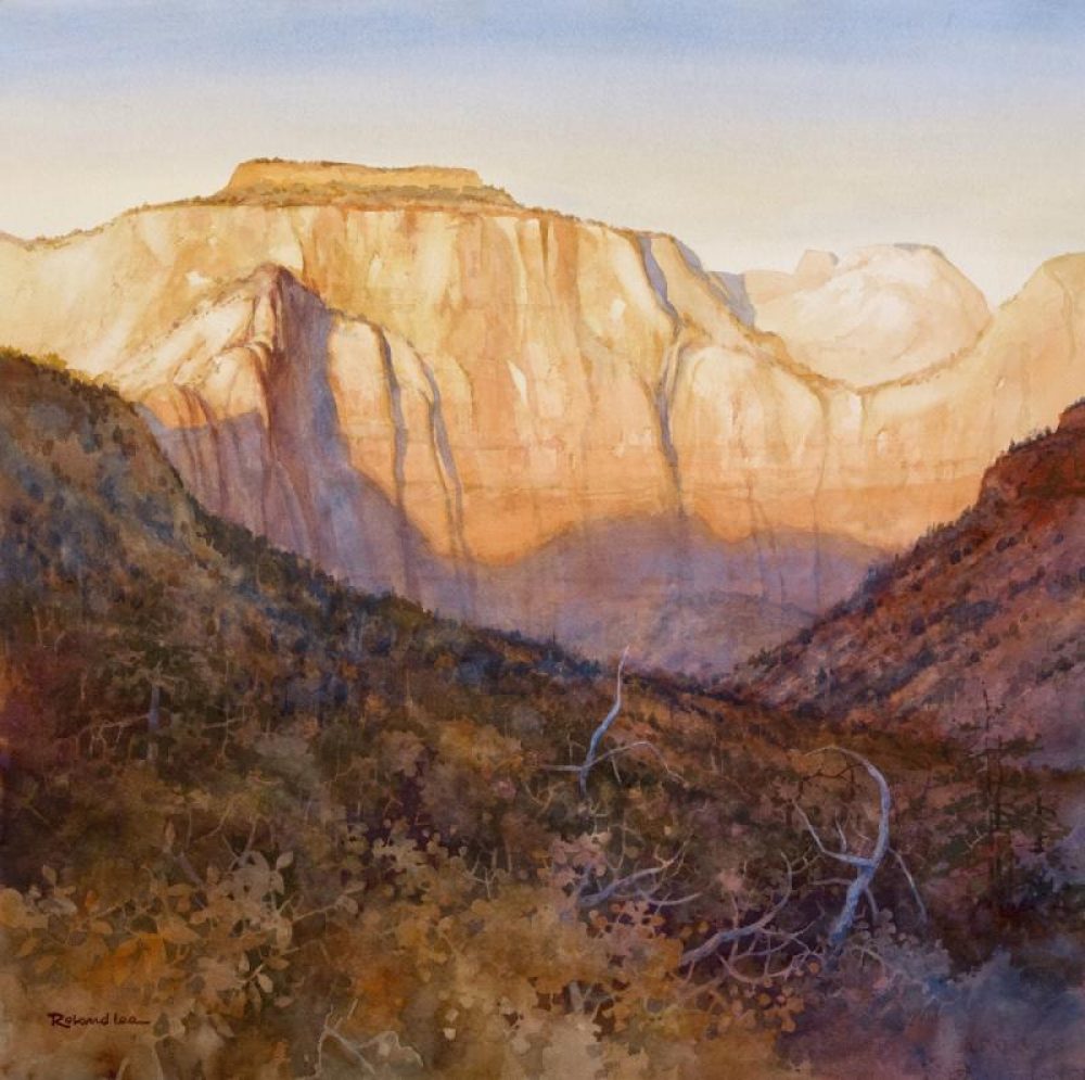 West Temple Sunrise - Watercolor painting of the West Temple in Zion National Park