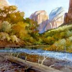 Zion Morning - Watercolor painting of Angels Landing and Virgin River in Zion National Park