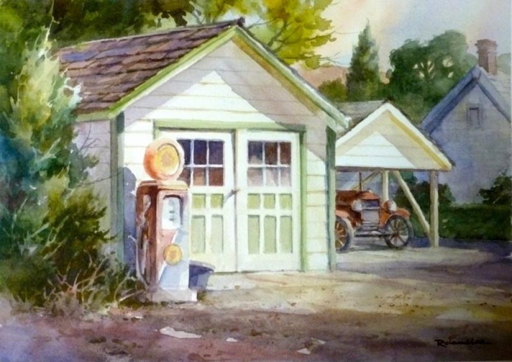 Green Gate Garage - Plein Air Watercolor Painting of Old Car and Garage