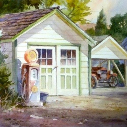 Green Gate Garage - Plein Air Watercolor Painting of Old Car and Garage