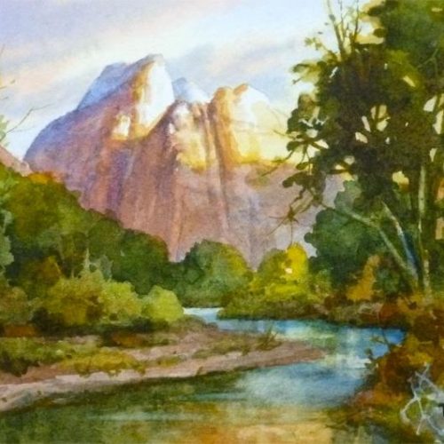 Painting of Cathedral Mountain Riverview - Watercolor Painting of Zion National Park