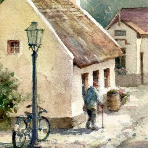 Irish Street Scene - watercolor painting of Irish Street at Bunratty