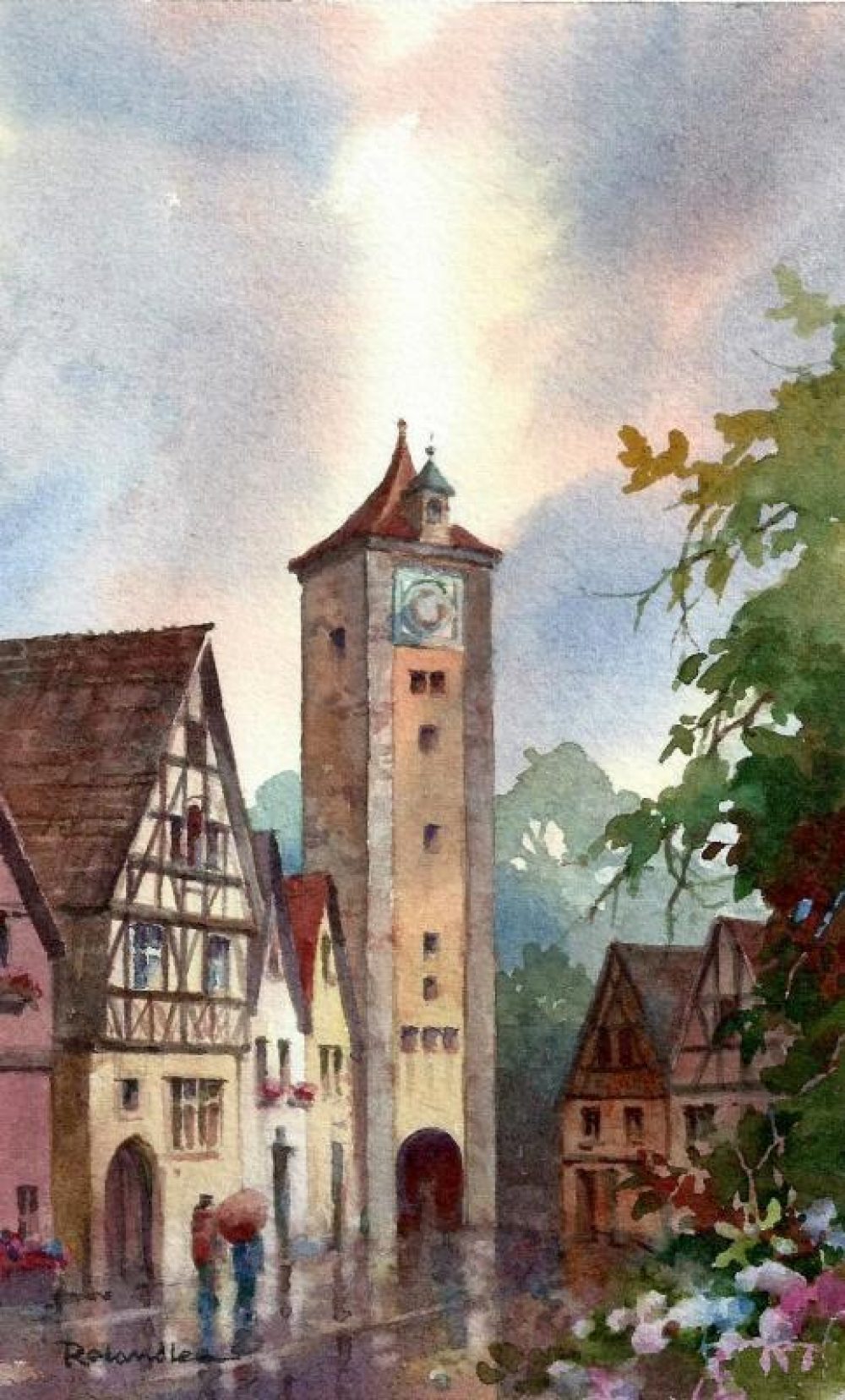 Burgtor Tower in the Rain - Watercolor painting of Rothenburg Germany