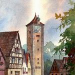 Burgtor Tower in the Rain - Watercolor painting of Rothenburg Germany