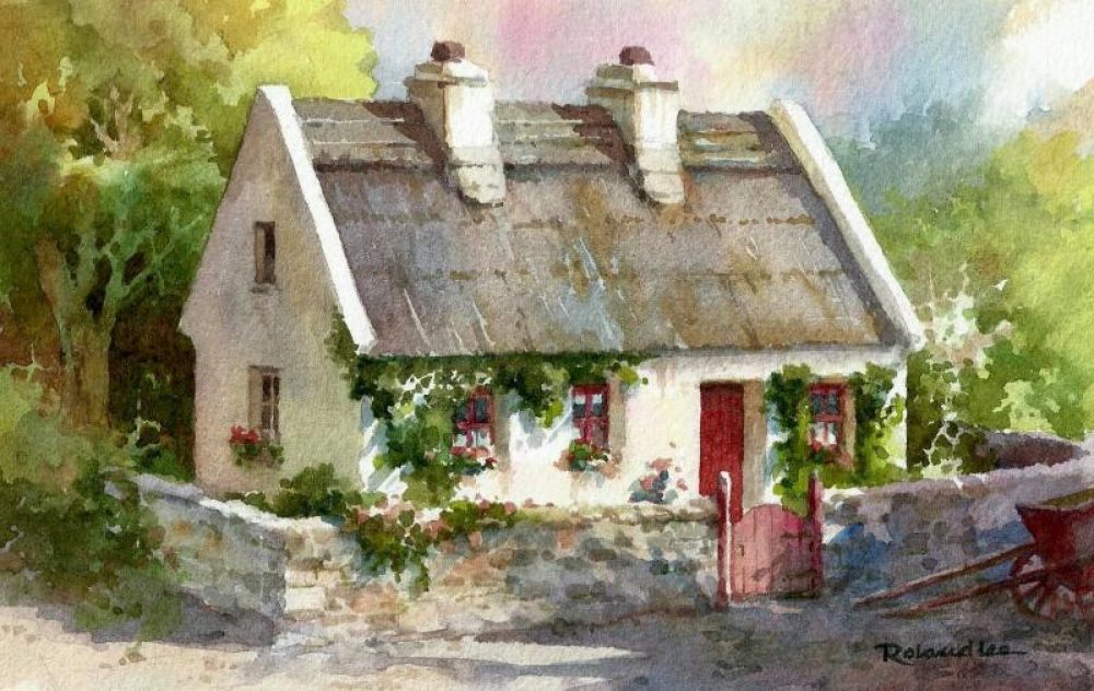 The Red Gate - Watercolor painting of cottage in Ireland